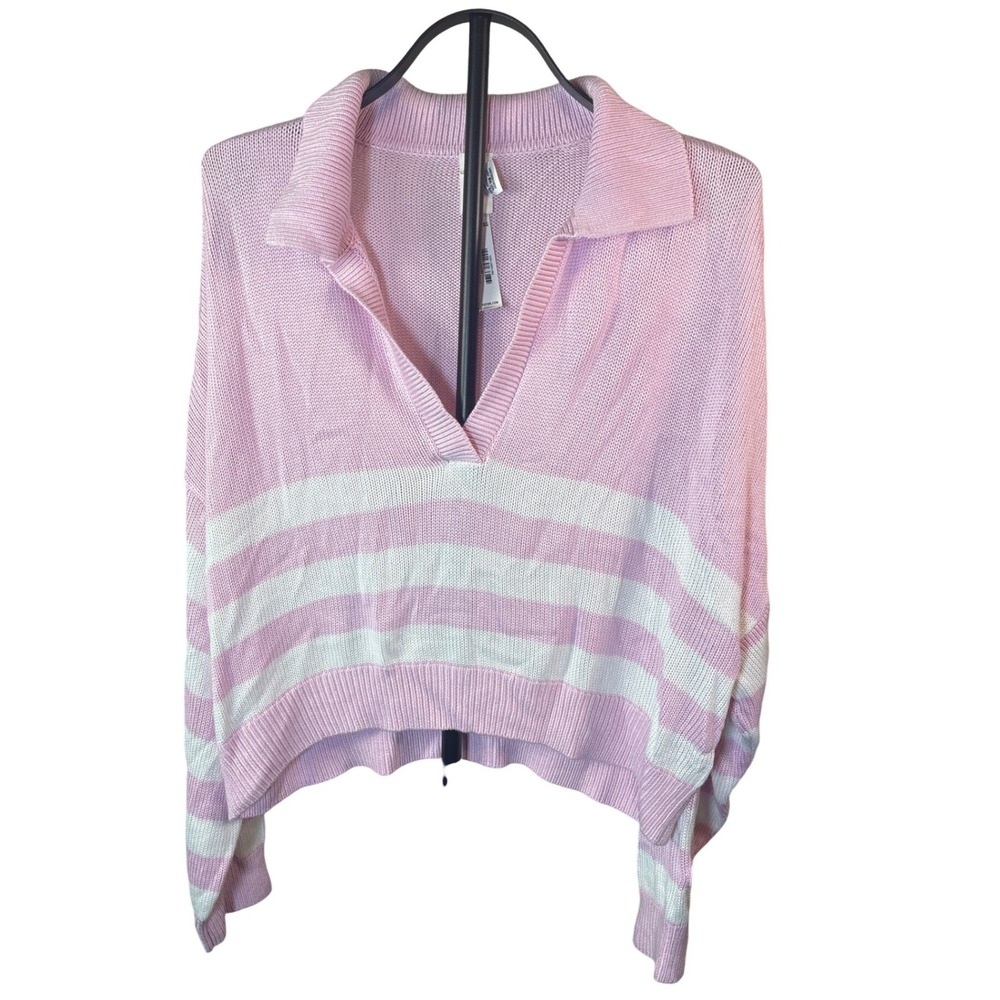 Cropped Sweater PINK Victoria's Secret Women XXL Pink Striped V-Neck NEW